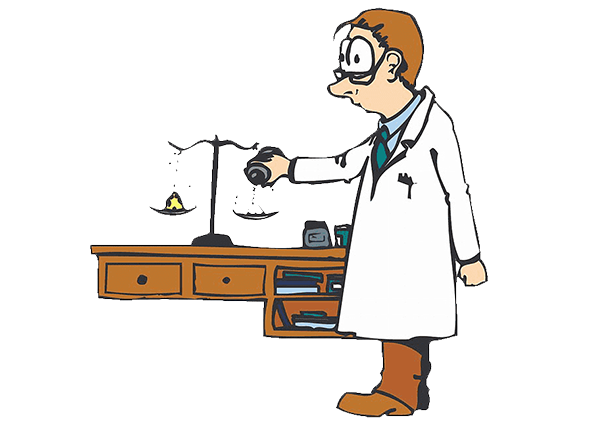 Ein Mann mit Brille und weißem Kittel gießt Flüssigkeit aus einem Behälter auf eine Waage auf einem Tisch mit Schubladen.